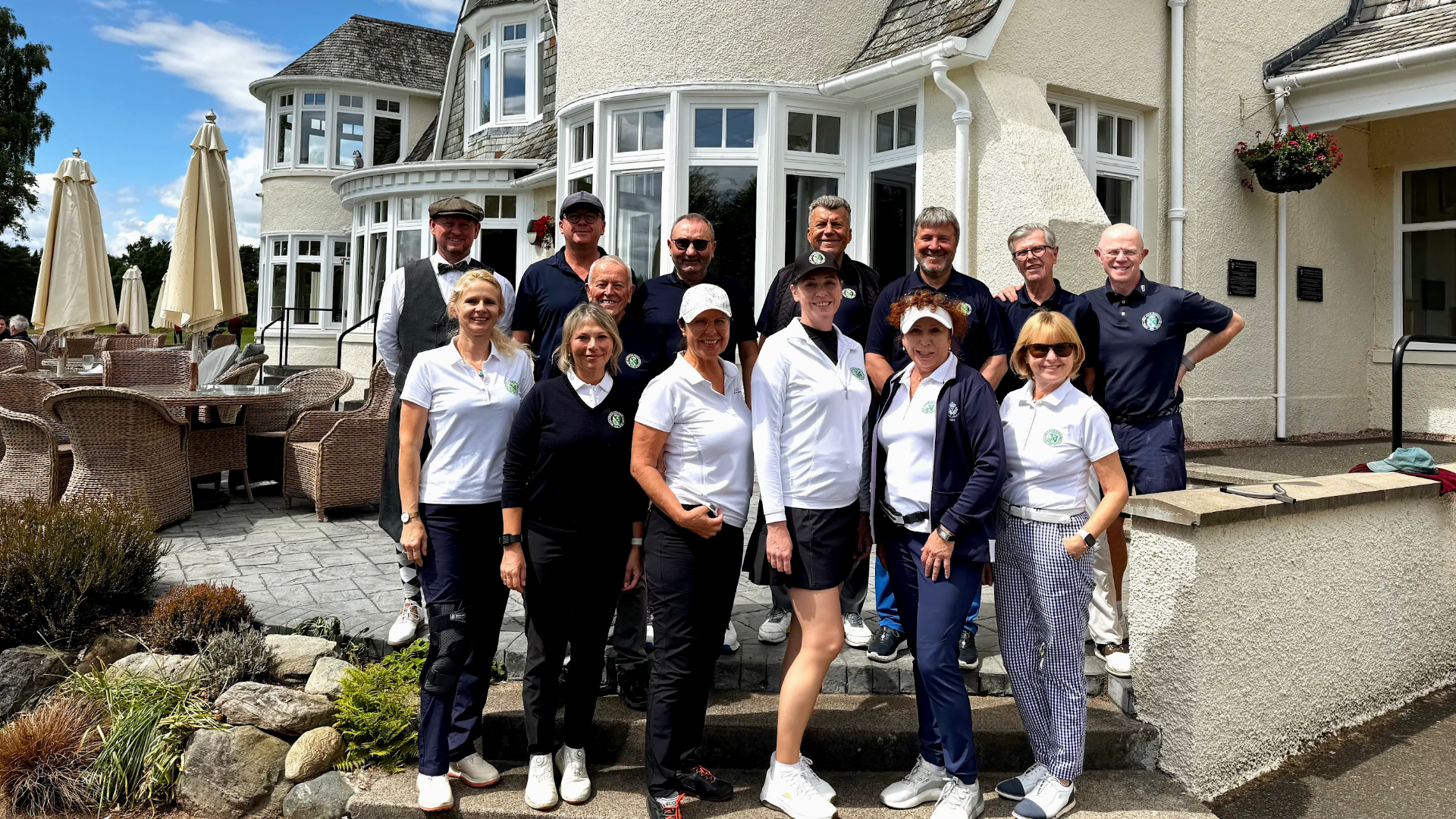 Golf tour group in their golf gear ready to go play golf in Scotland