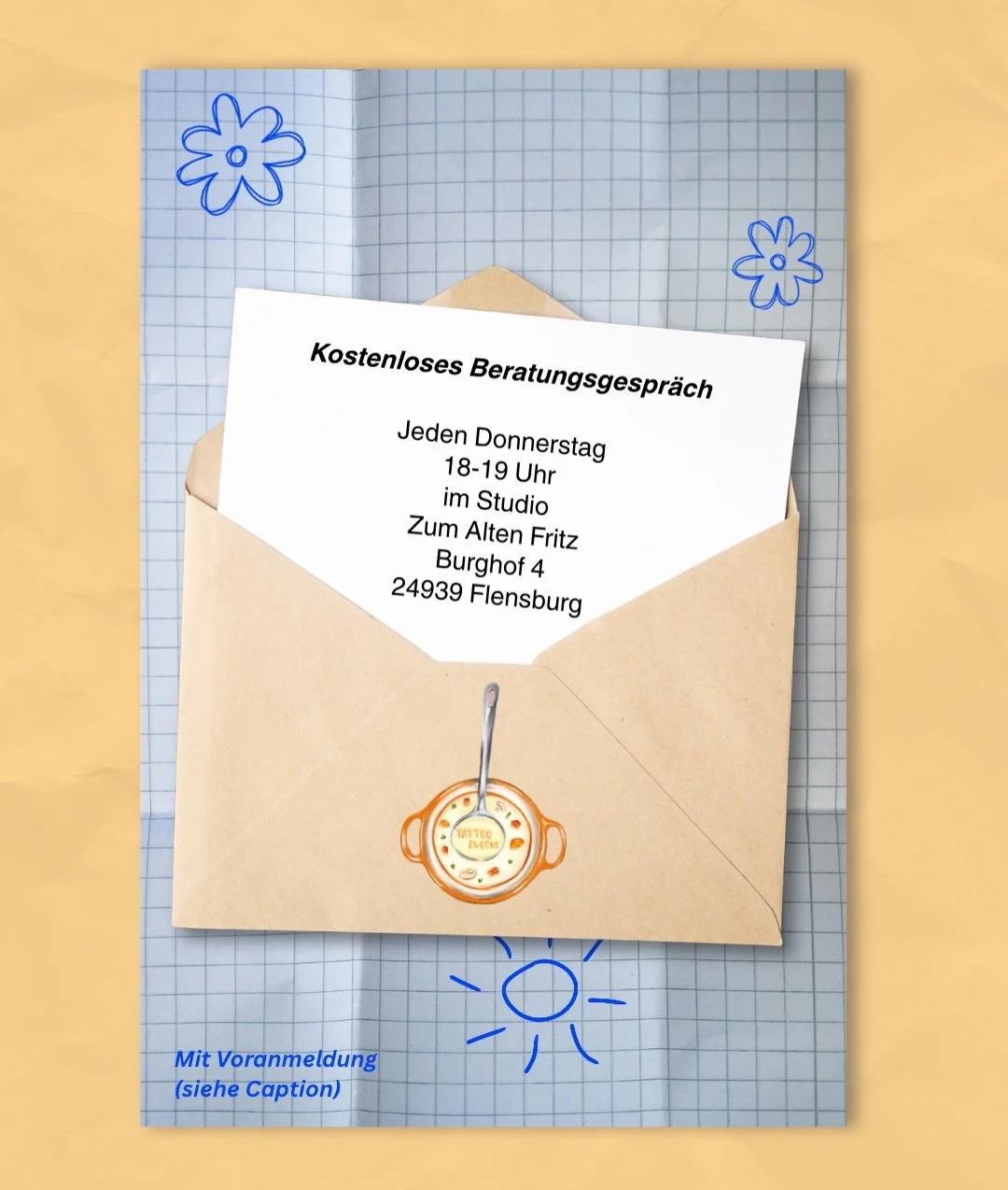 Huhu ihr Lieben 🤗
ab n&auml;chster Woche ist es soweit! 
Ich werde jetzt immer Donnerstags zwischen 18-19h 
im Studio sein und euch in dieser Zeit ein kostenloses Beratungsgespr&auml;ch anbieten. 
Um besser planen zu k&ouml;nnen und euch ggf. Wartez