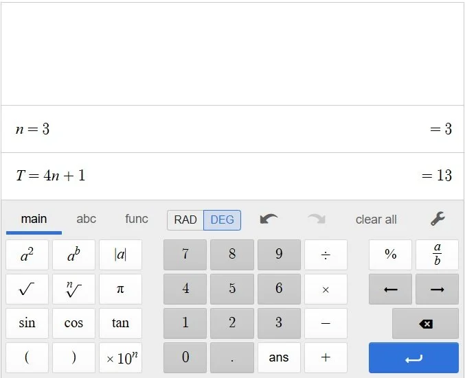Image of the desmos calculator showing how to input a value of n=3 to a formula T=4n+1 to get the answer 13.