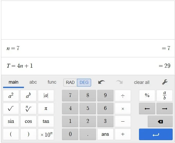 Image of the desmos calculator showing how to input a value of n=7 to a formula T=4n+1 to get the answer 29.