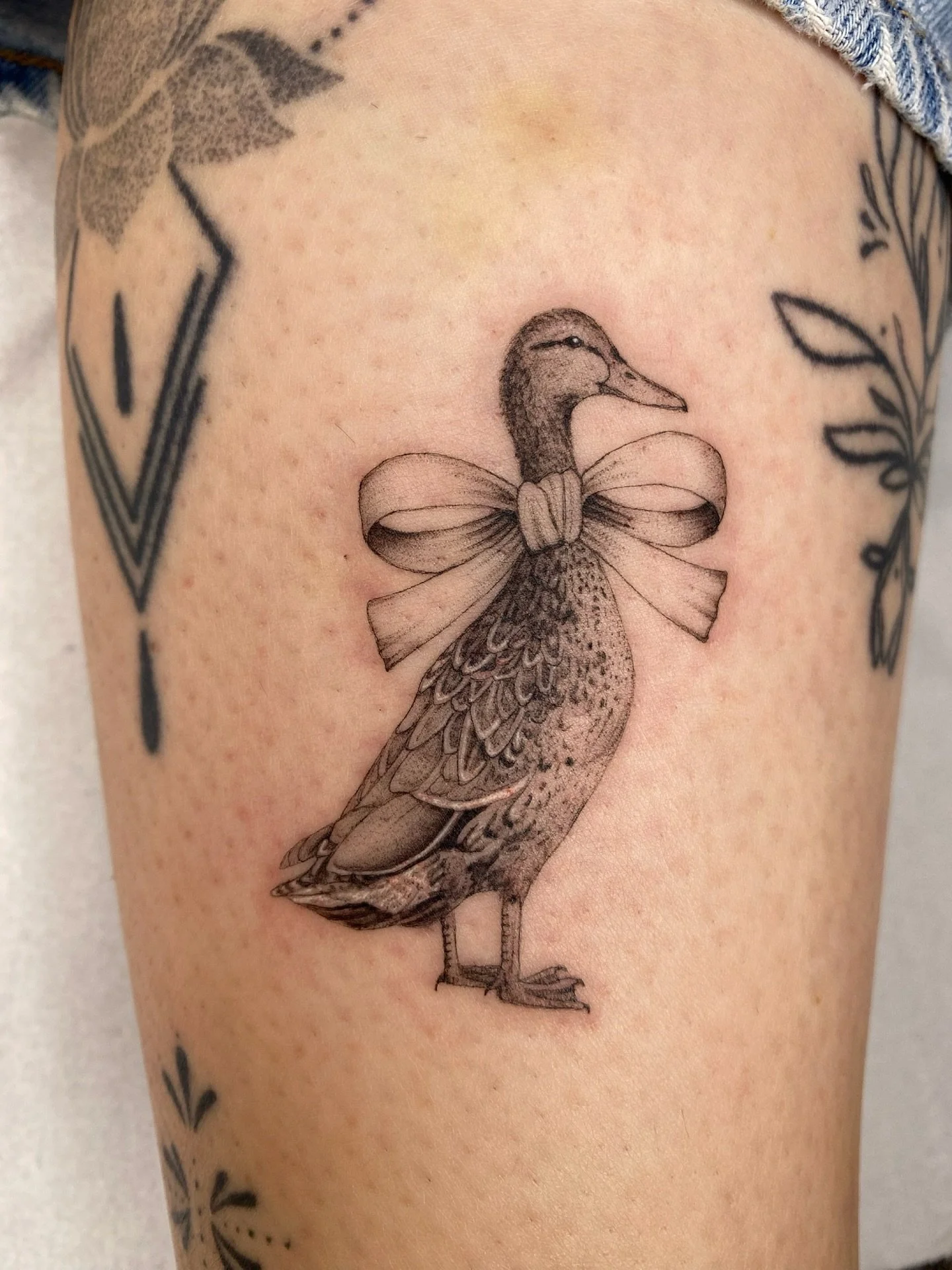 I&rsquo;ve done some very cute tattoos the past week, this is one of them 🥹🪿 Thank you so much Georgina, always lovely to see you! 🫶

#ducktattoo #vintageduck #duckillustration #bowtattoo #cutetattoos #londontattooartist #finelinetattooartist