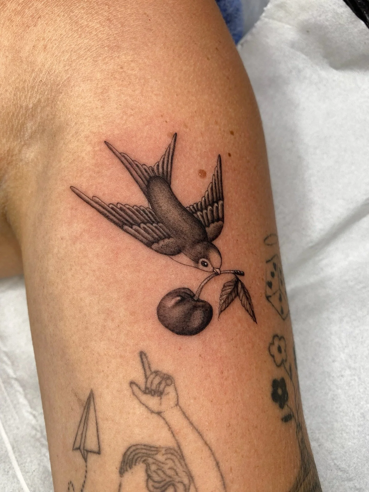 A very cute birdie holding a cherry for Liana 🍒 Thank you so much! 
@tangerinedreamsstudio 

#birdtattoos #birdtattoodesign #cutetattoos #londontattooartist #londontattoostudio #finelinetattooartist