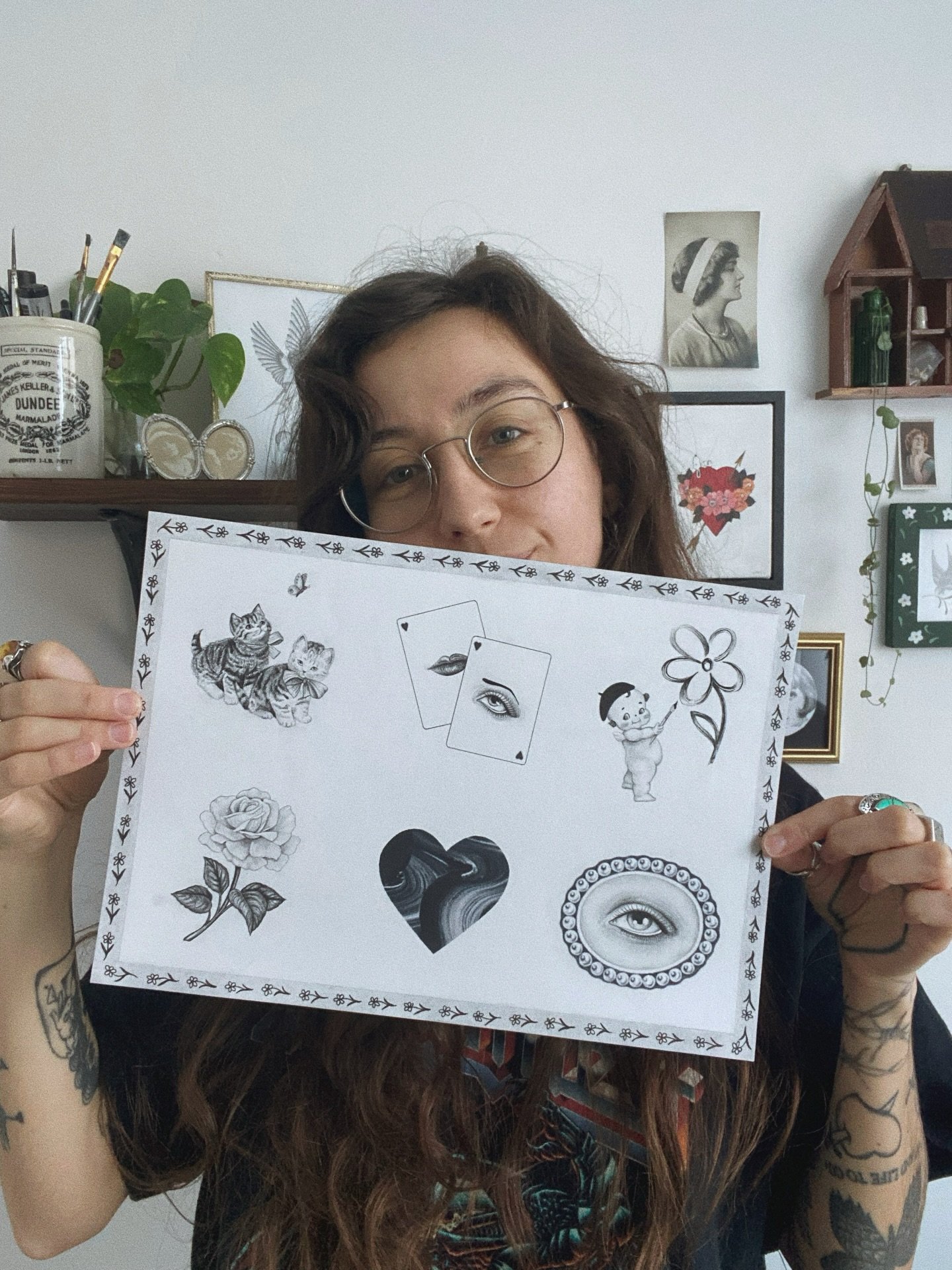 The first few days of 2026 ✨ Snowy walks and the first flash sheet! All designs are available except for the kittens (but very happy to draw a variation of it if you&rsquo;d like one) 
Get in touch if you&rsquo;d like to get tattooed 💌

❁ &pound;150