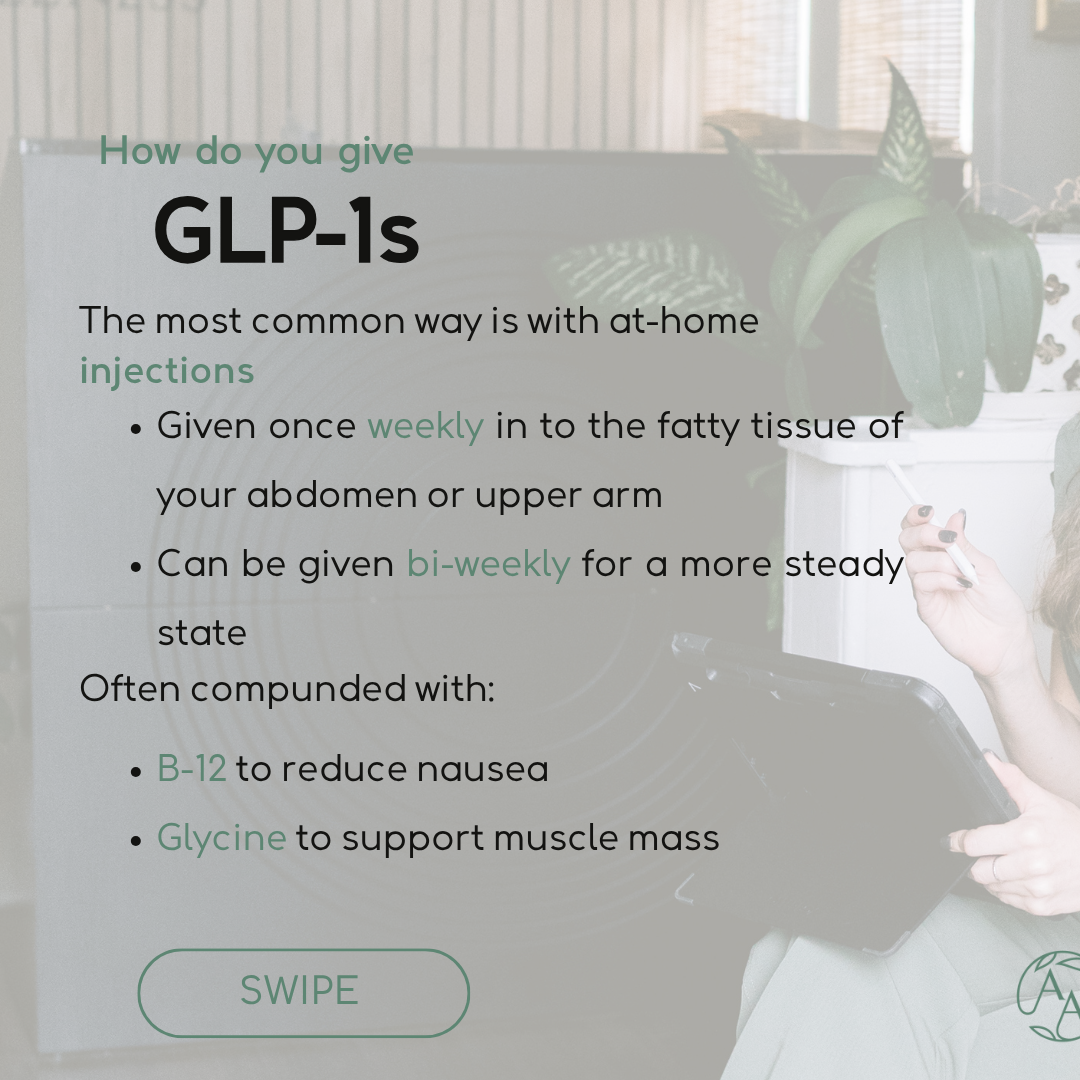 An informational poster about administering GLP-1s at home, describing injection methods, timing, and additional medications to support treatment.