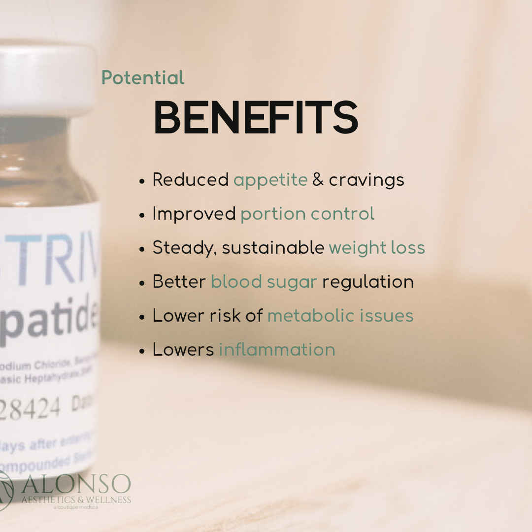 A list of potential health benefits on a beige background, highlighting benefits such as reduced appetite, improved portion control, steady weight loss, better blood sugar regulation, lower metabolic issues risk, and reduced inflammation, with part of a supplement bottle visible on the left.