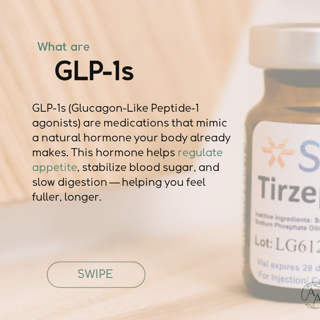 An informational card explaining GLP-1s, with a background of a medicine bottle partially visible on the right. The card has the title "What are GLP-1s" and describes the medication as mimicking natural hormones to regulate appetite and blood sugar.