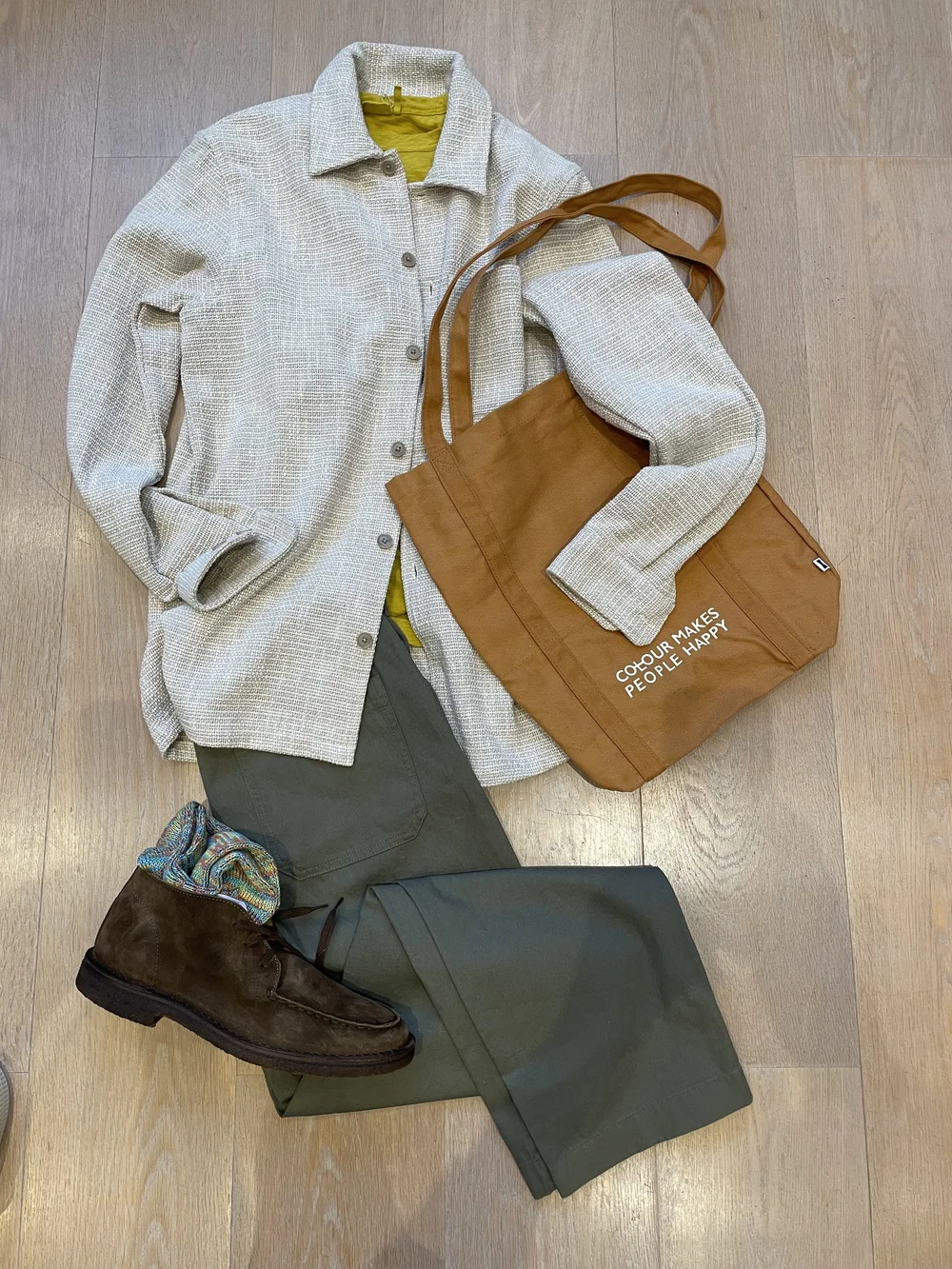 With over-shirt and t-shirt and Chukkas