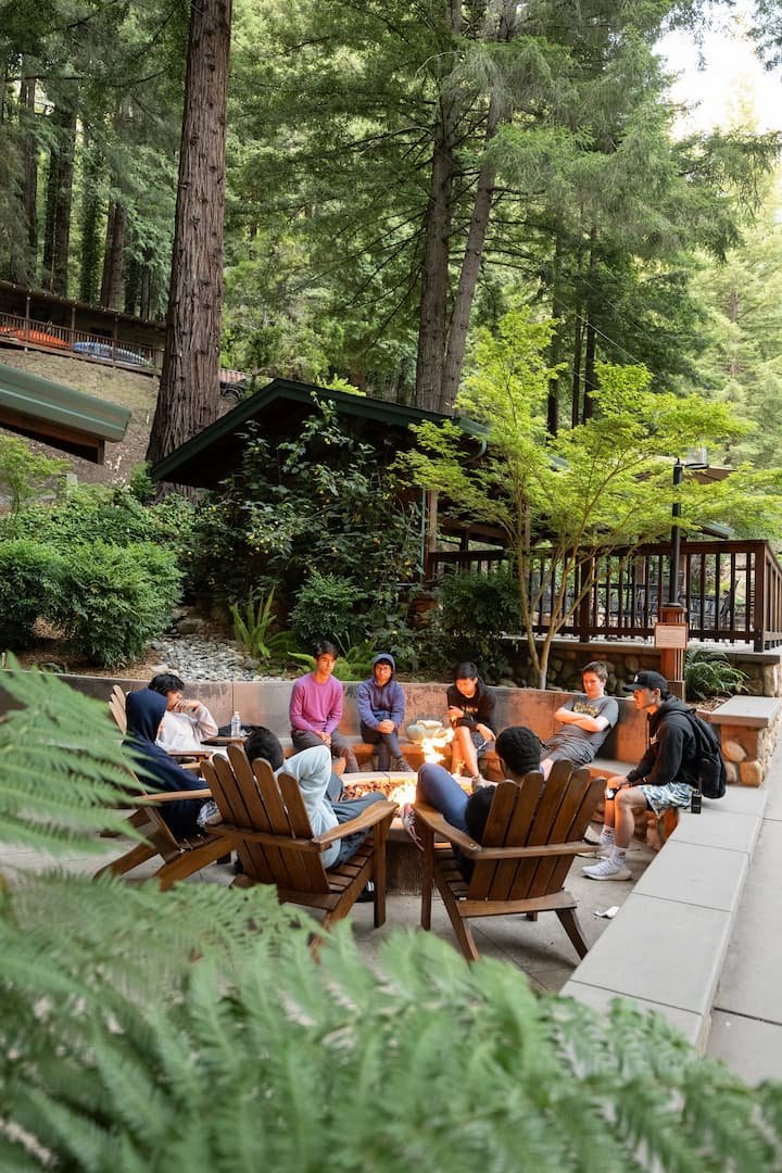 Group of people sitting around a campfire in a wooded outdoor area with trees, bushes, and wooden structures.