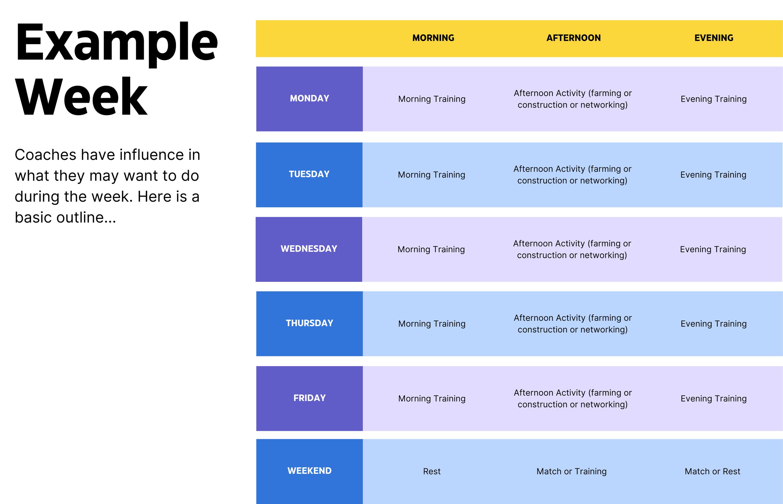 A weekly schedule table with columns for morning, afternoon, and evening. The table is divided by days of the week from Monday to weekend, outlining activities such as training, networking, and rest.