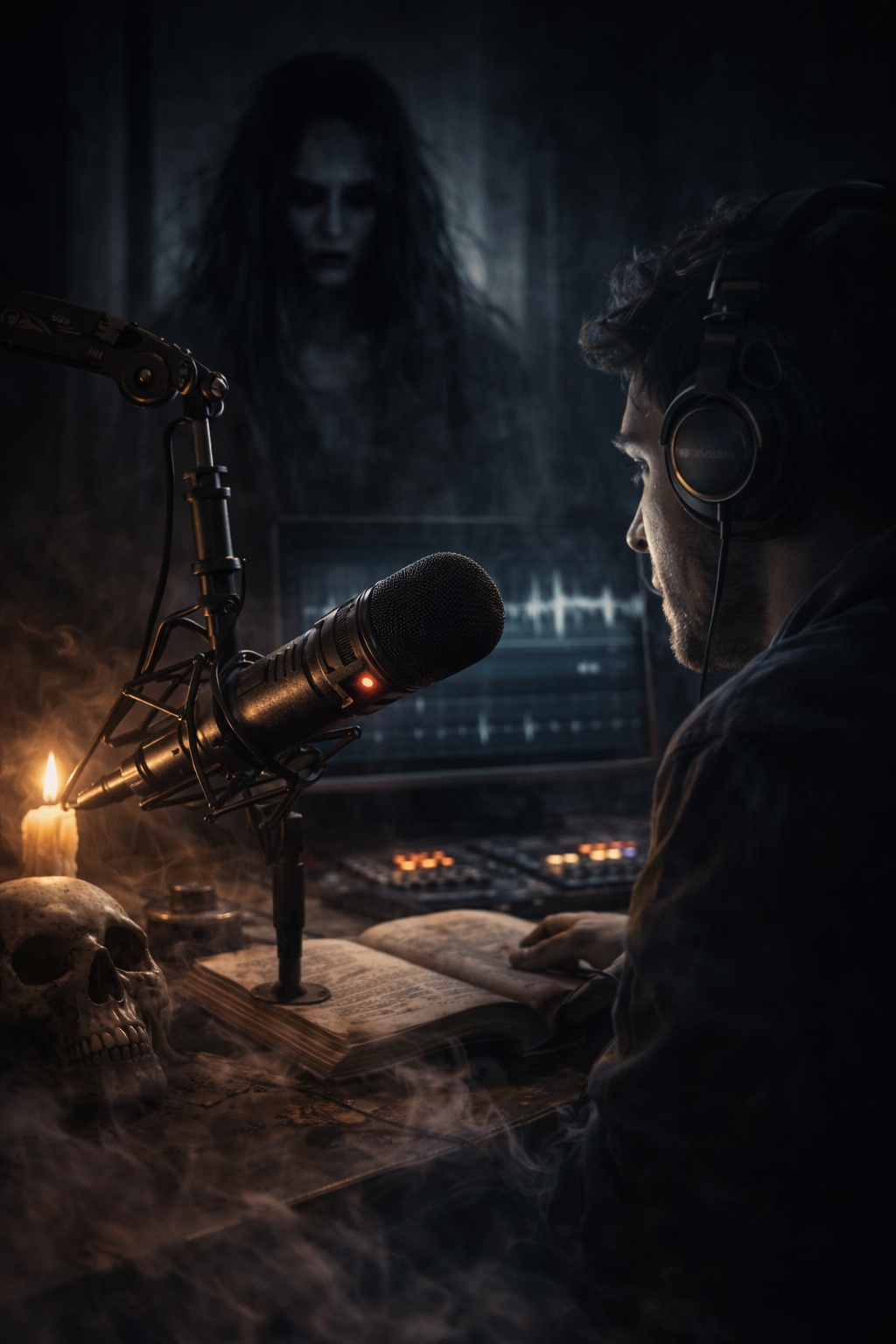Horror podcast recording in eerie darkness