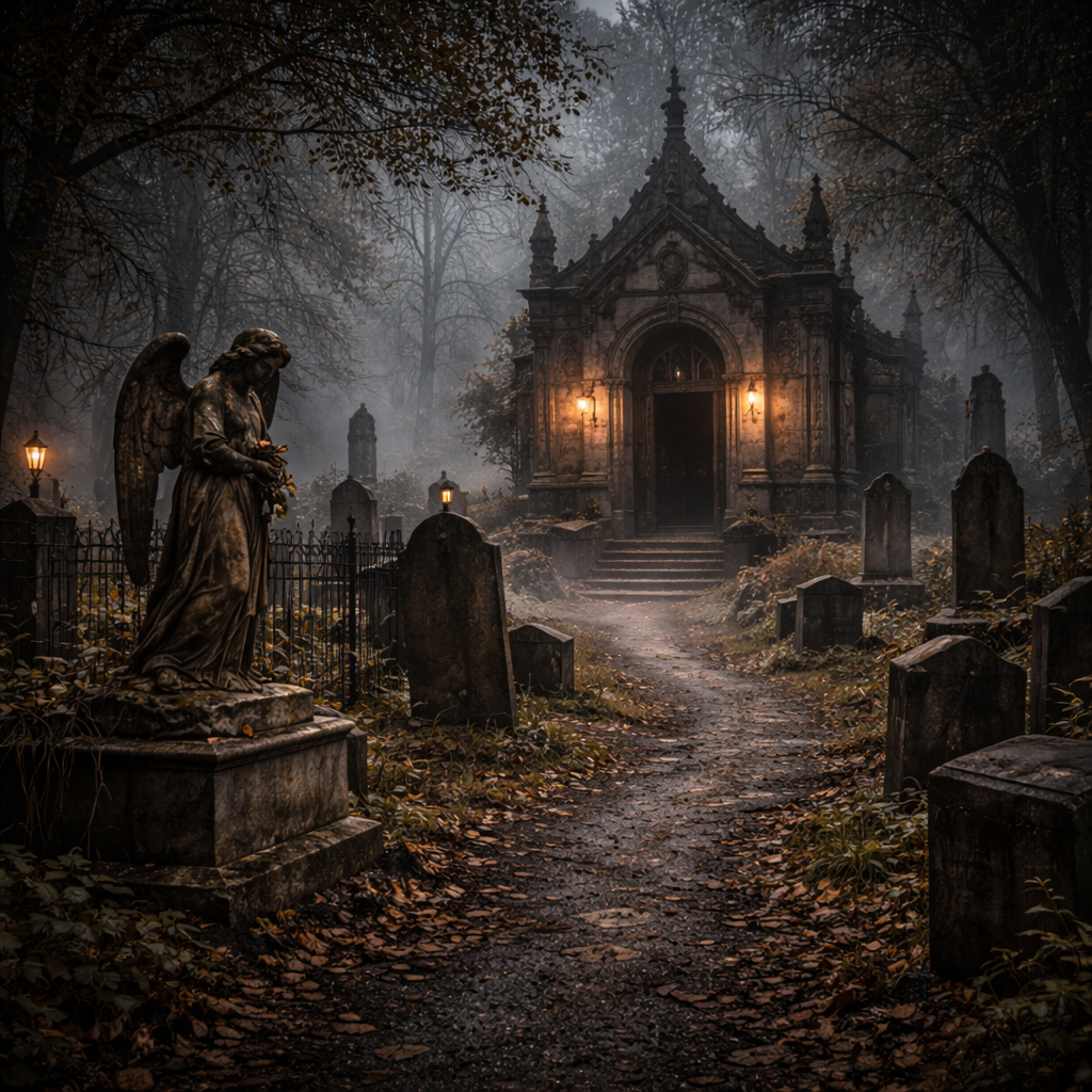 Foggy cemetery at twilight