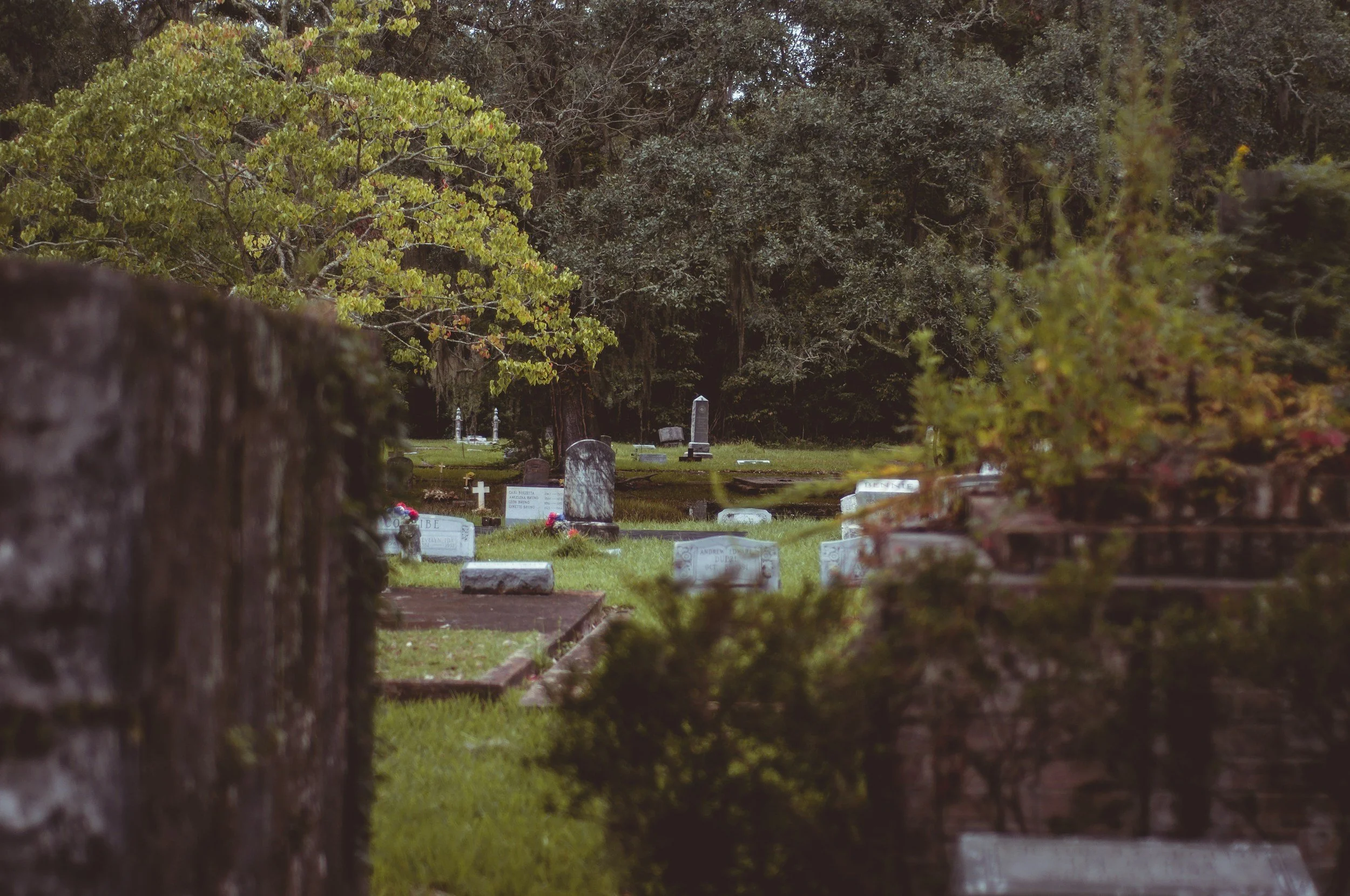 A cemetery with scattered headstones and grave markers, surrounded by green trees and grass.