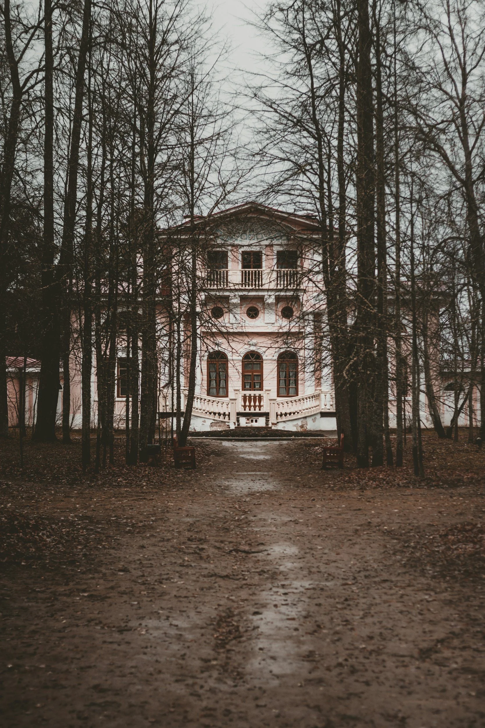 A large, old mansion with a pink exterior, multiple windows, and a balcony, hidden among leafless trees on a cloudy, overcast day.