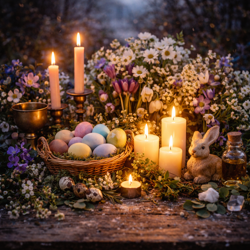 Ostara altar in springtime bloom