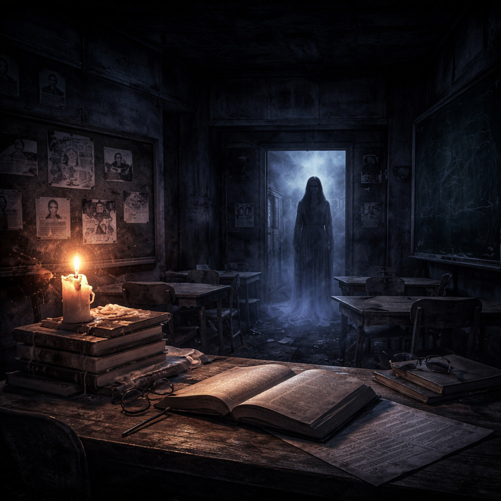 Dark classroom illuminated by candlelight, with books, glasses, and papers on desk, and a mysterious figure standing in doorway emitting ghostly glow.