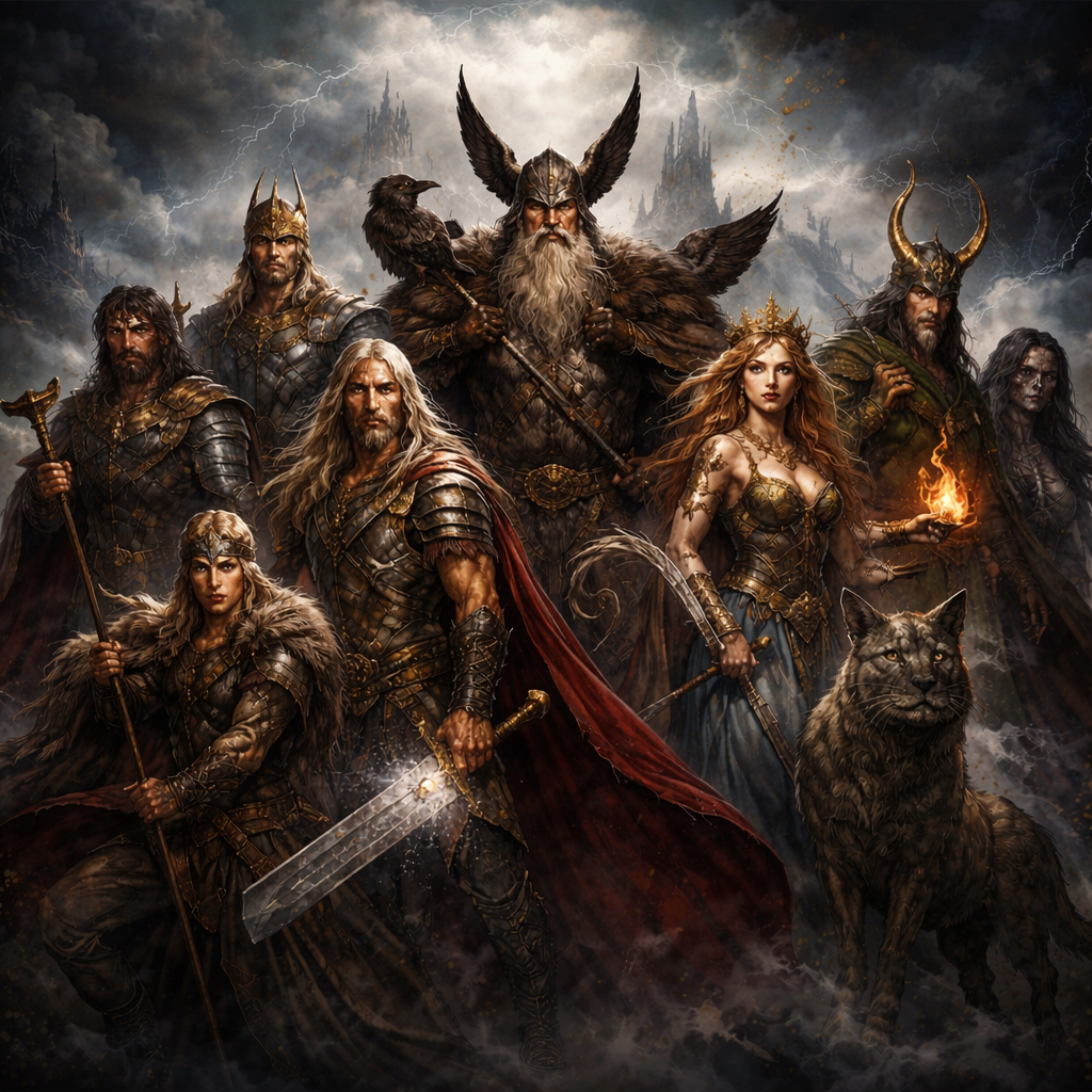 Norse gods under stormy skies