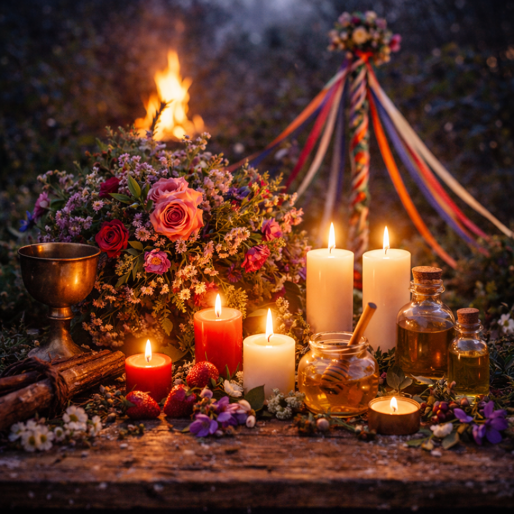Beltane altar at twilight