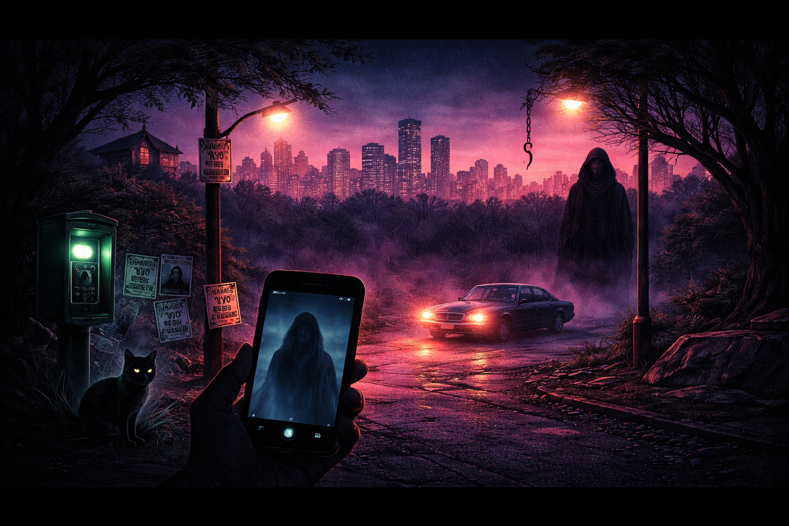 A dark, eerie scene of a person taking a photo of a shadowy figure with a hoodie, who stands in front of a city skyline at sunset. The scene includes a car with headlights on, a black cat with glowing eyes, and street lamps illuminating a foggy, cracked road surrounded by trees and posters.