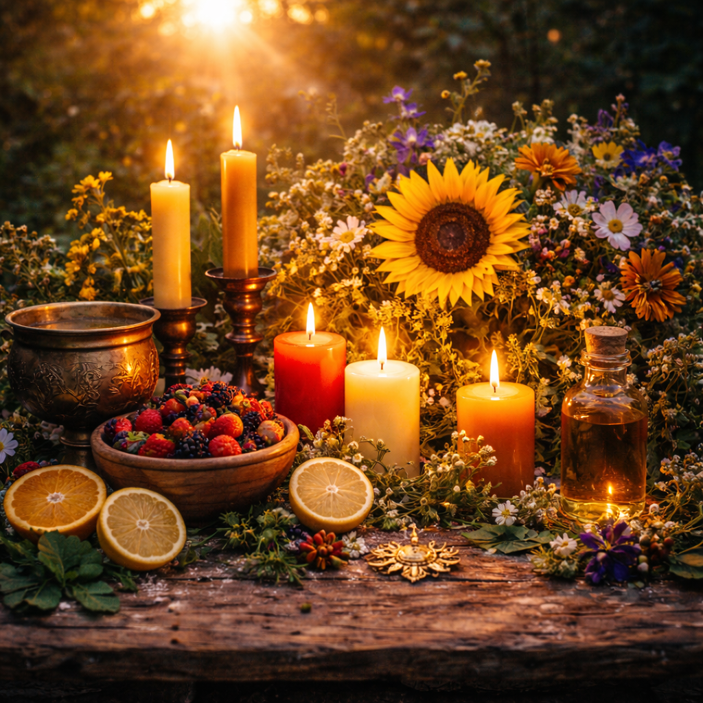 Litha altar under the setting sun