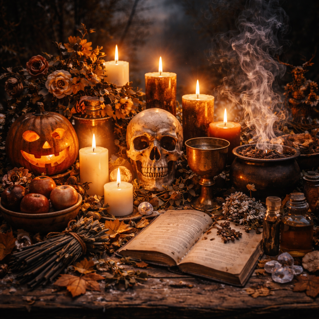 Samhain altar with flickering candlelight