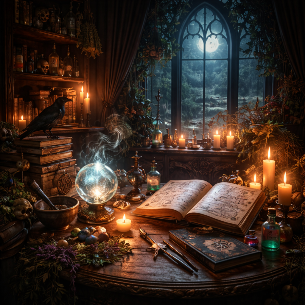 Moonlit witch's study with artifacts