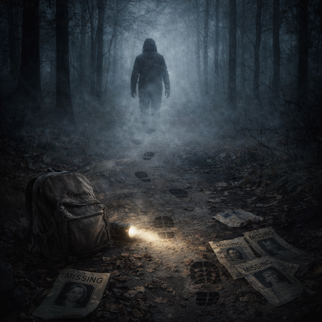 Disappearing into the foggy woods