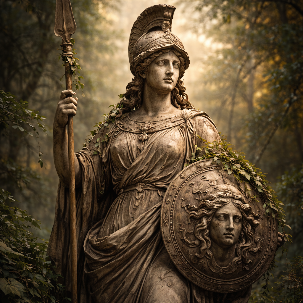 Serene goddess statue in the forest