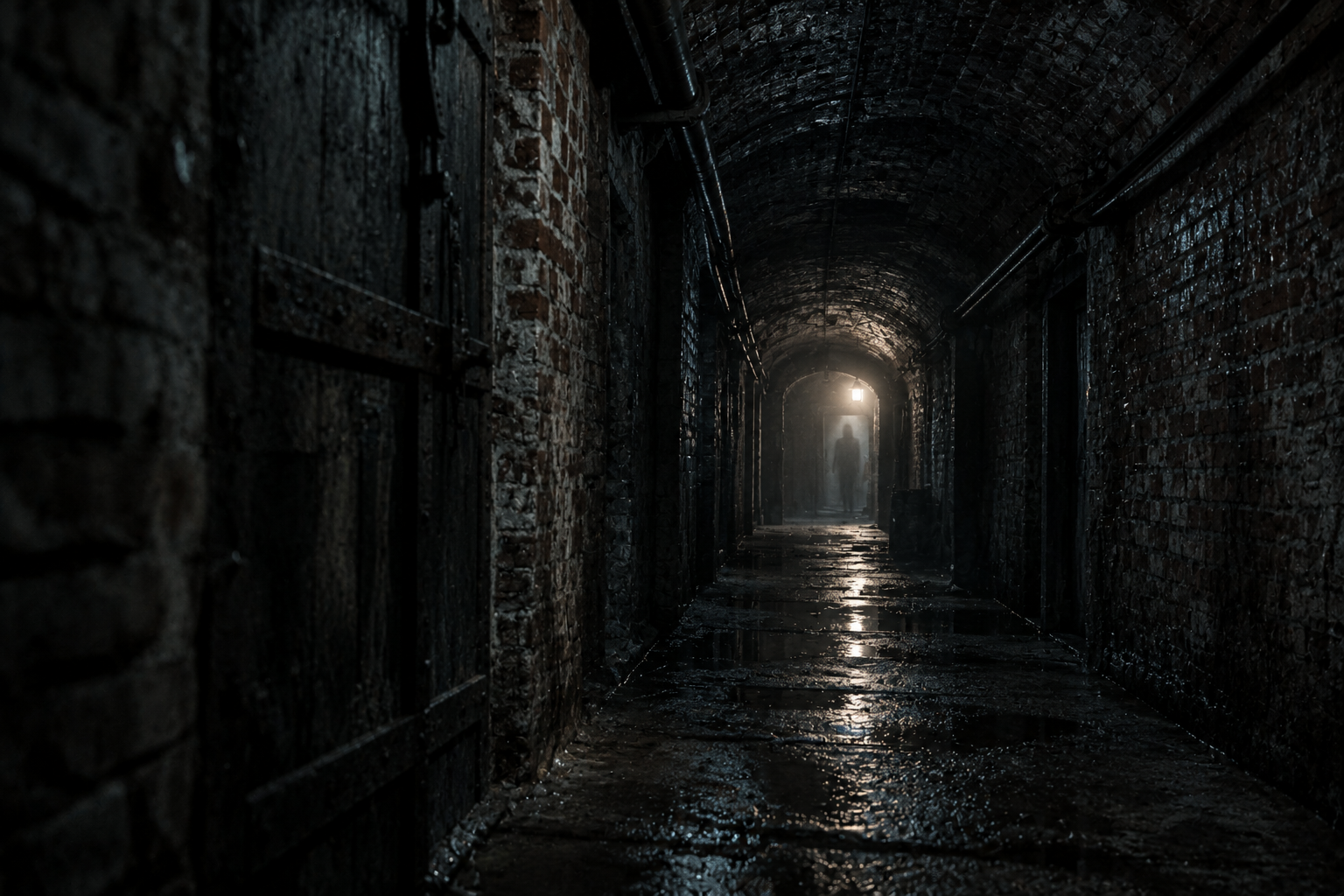 A dark, narrow underground brick passageway photographed straight down its length, single point of light in the far distance, a faint translucent humanoid silhouette barely visible at the edge of the light