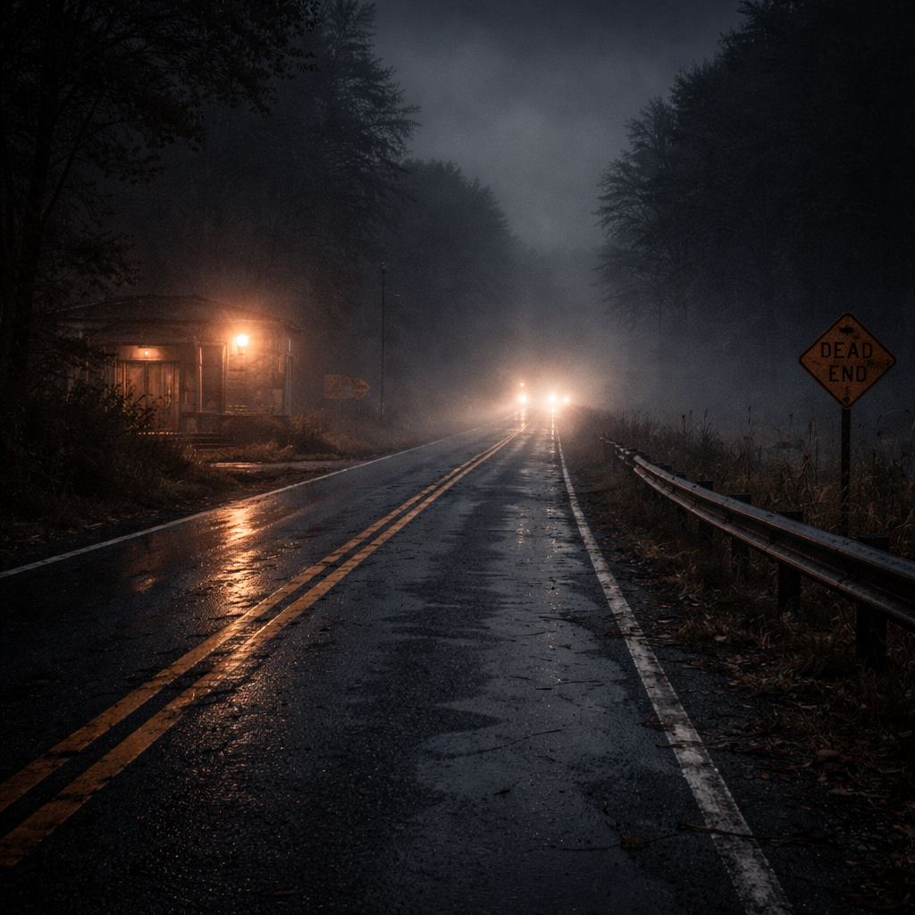 Foggy highway with abandoned gas station