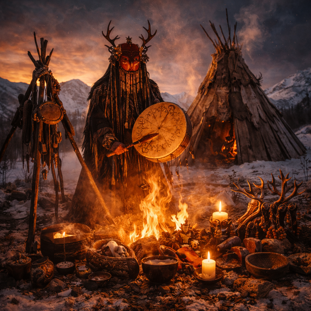 Siberian shamanic ceremony at twilight