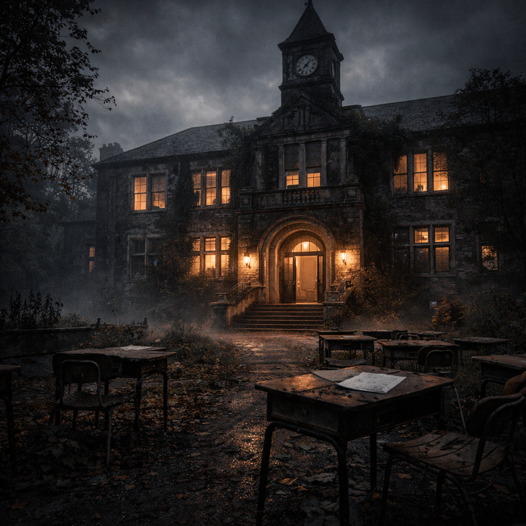 Abandoned school at night with fog