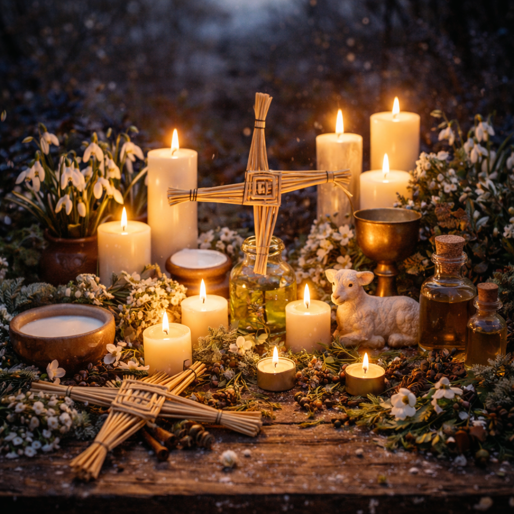 Imbolc altar with Brigid's symbols