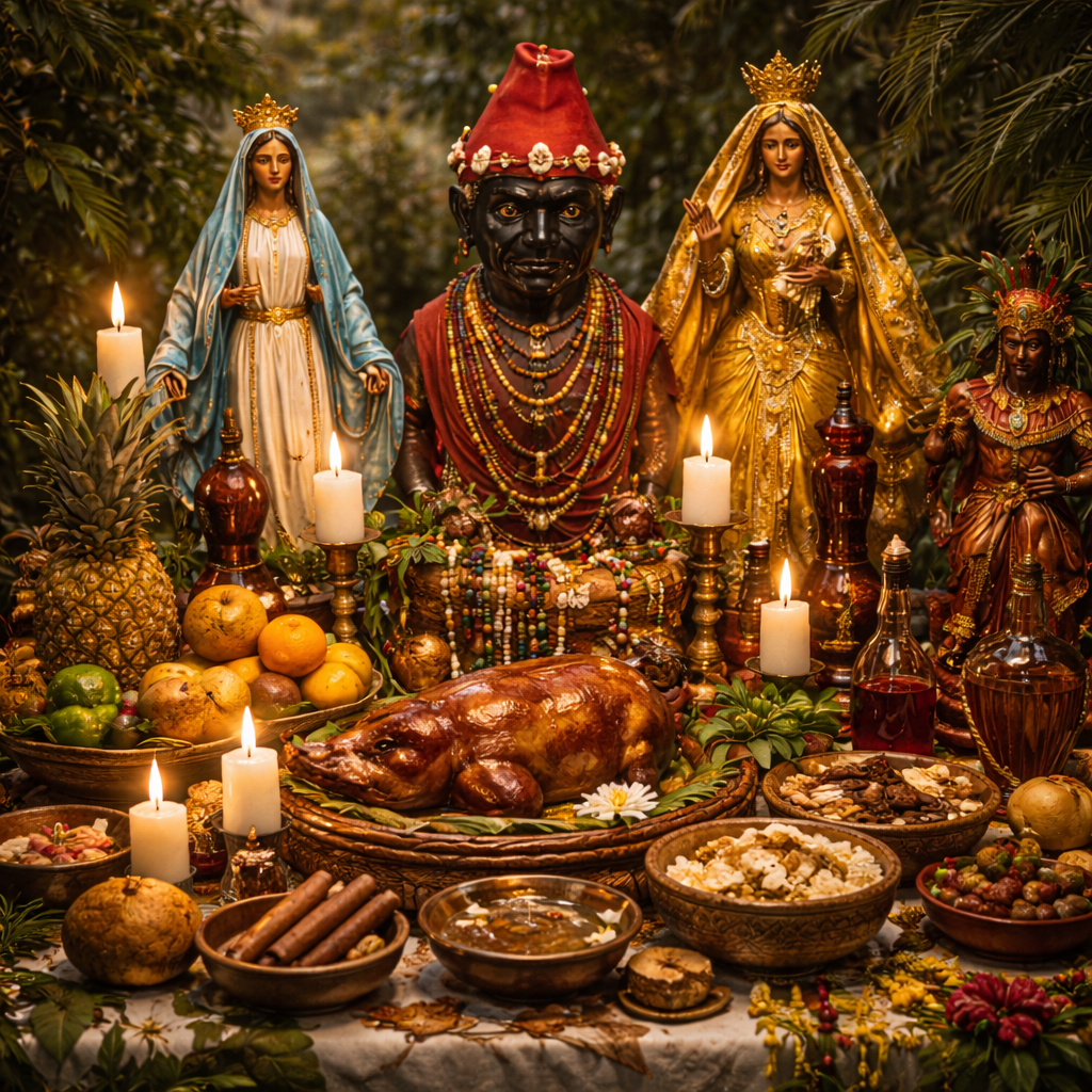 Santería altar with vibrant offerings