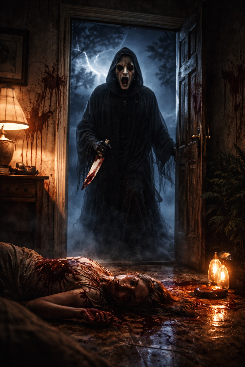 Ghostface in a blood-spattered house