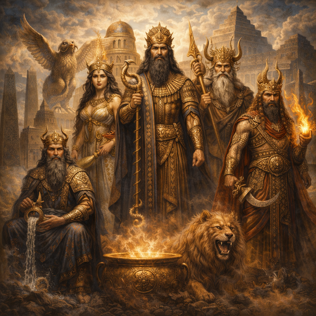 Mesopotamian gods under golden skies