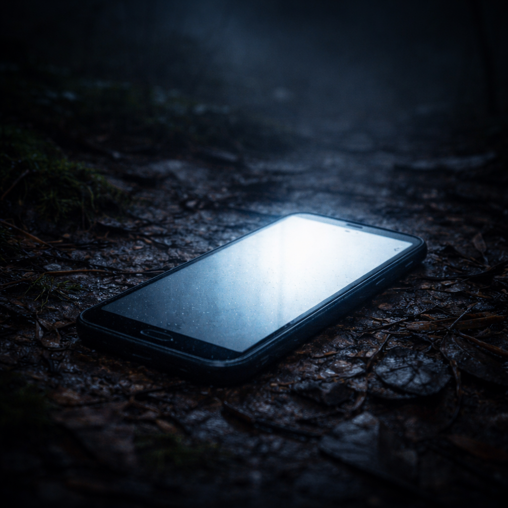 Glowing phone in the forest darkness