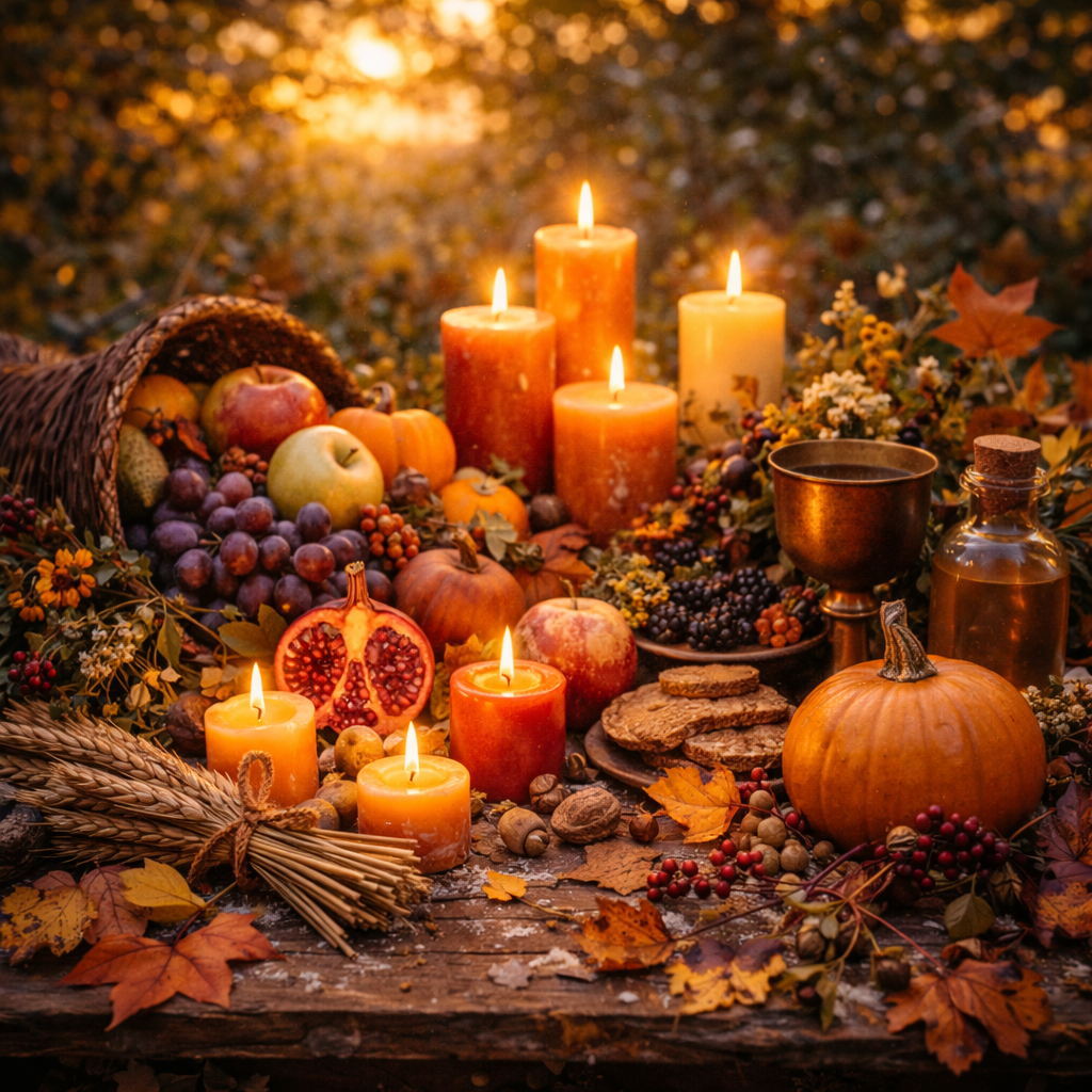 Autumn harvest altar at dusk