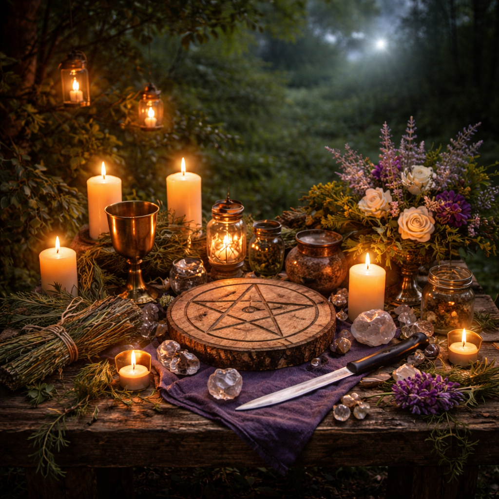 Wiccan altar in forest twilight