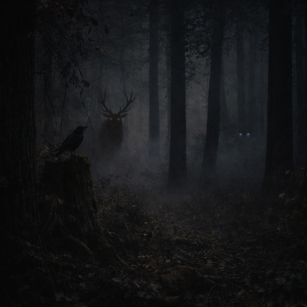 Twilight forest with mysterious eyes