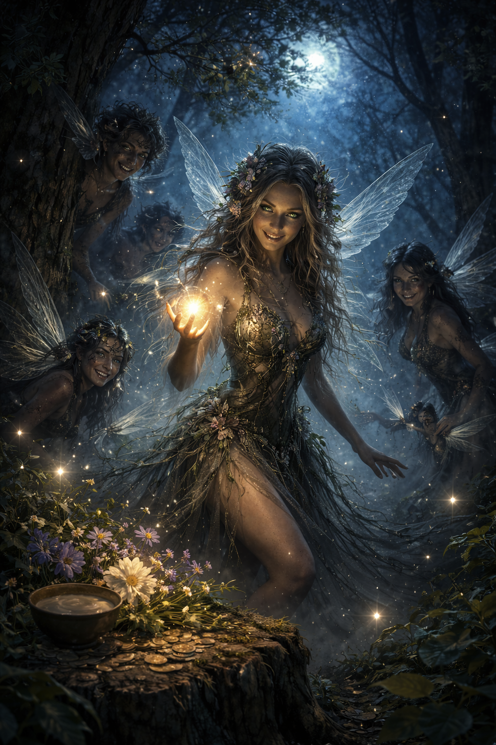 Moonlit fae gathering in the forest
