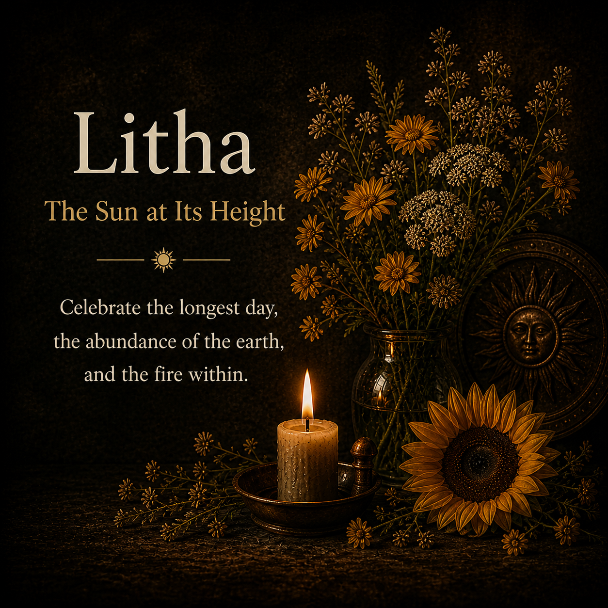 Decorative image with a bouquet of flowers in a glass vase, a lit candle in a holder, and sunflower and sun-themed wall decor on a dark background. Text reads "Litha: The Sun at Its Height. Celebrate the longest day, the abundance of the earth, and the fire within."