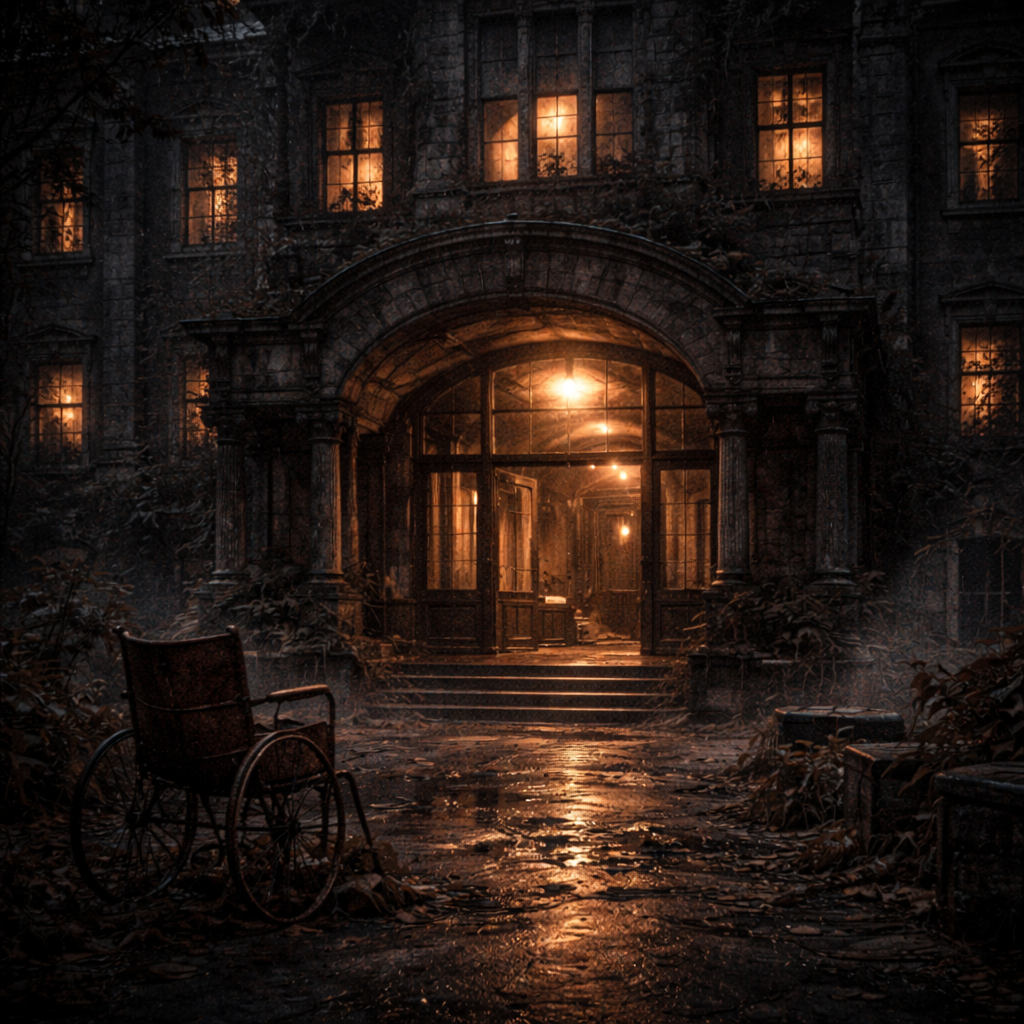 Abandoned hospital at night