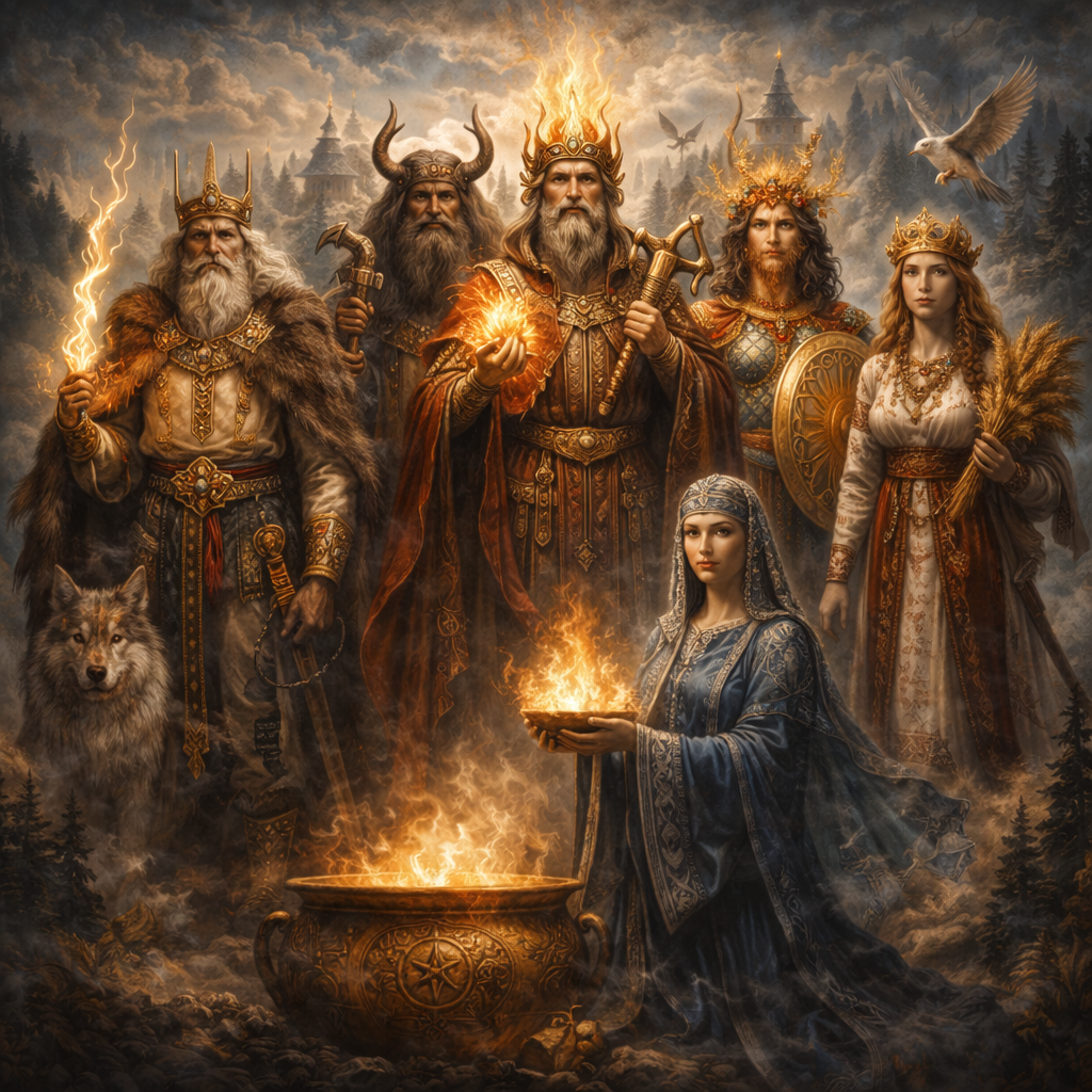 Slavic deities in mystical landscape
