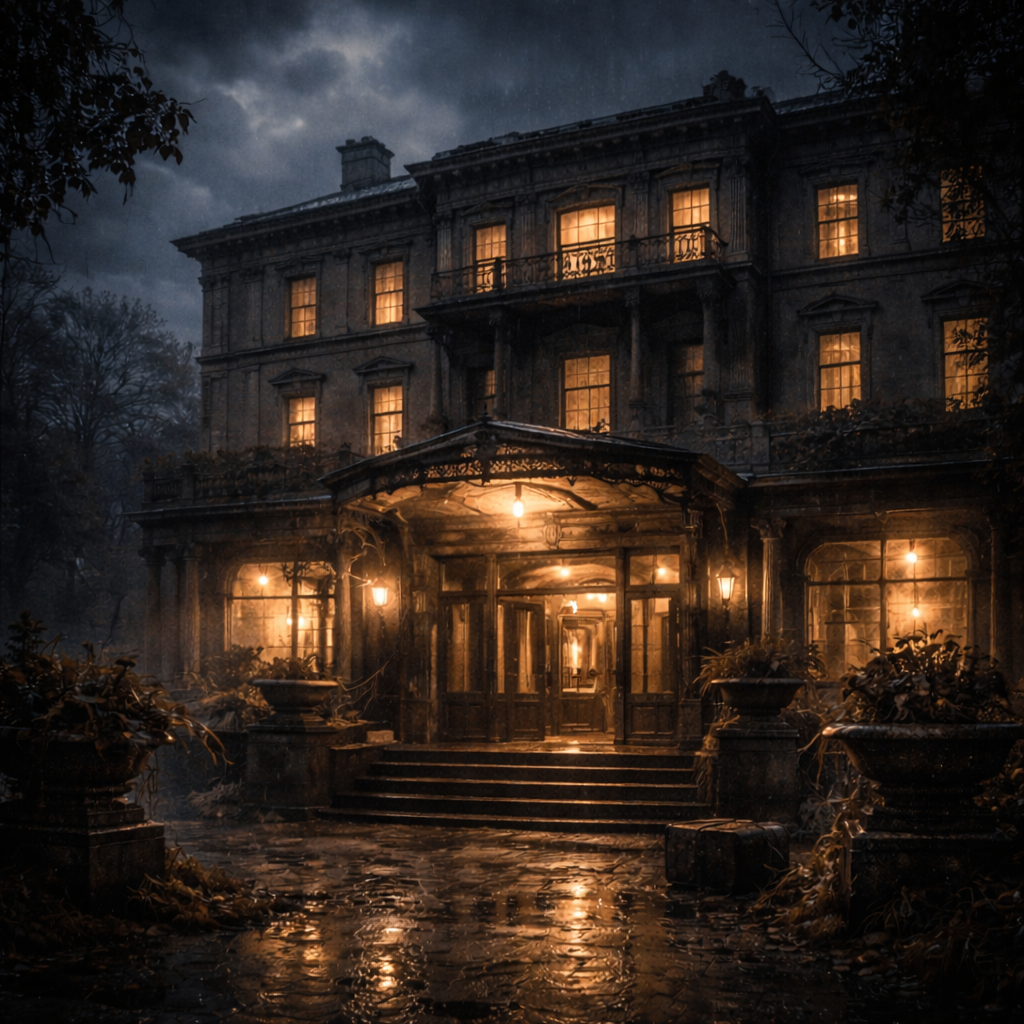 Grand hotel under stormy skies