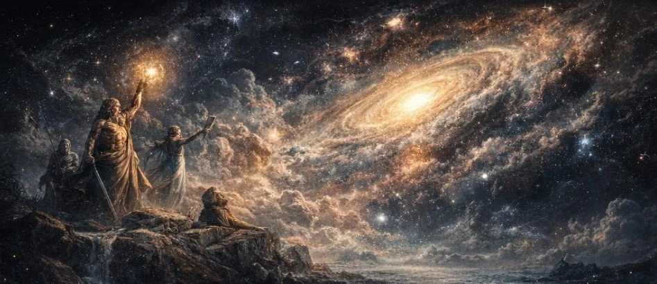 Illustration of four mythological figures made of stone or sculpture standing on a rocky cliff and gazing at a galaxy in space with bright stars and swirling clouds.