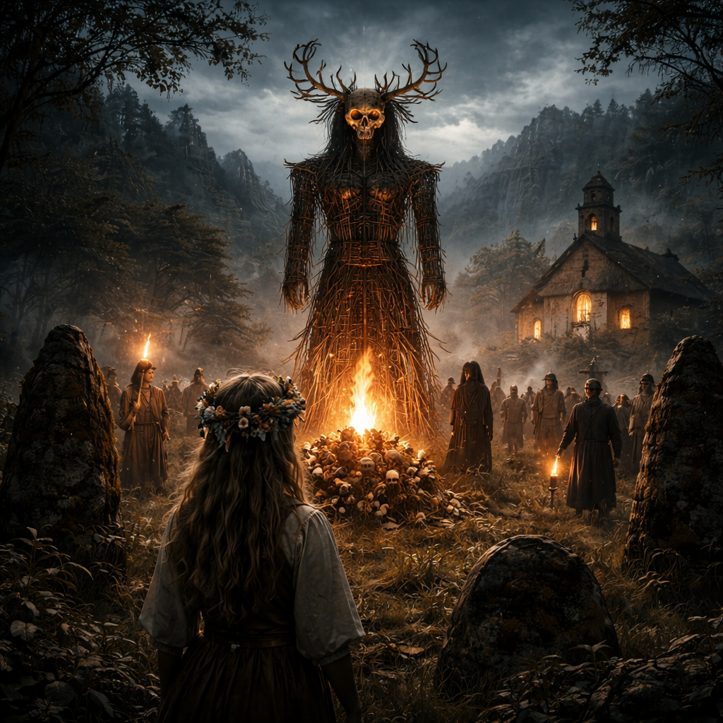 Twilight gathering by the wicker effigy