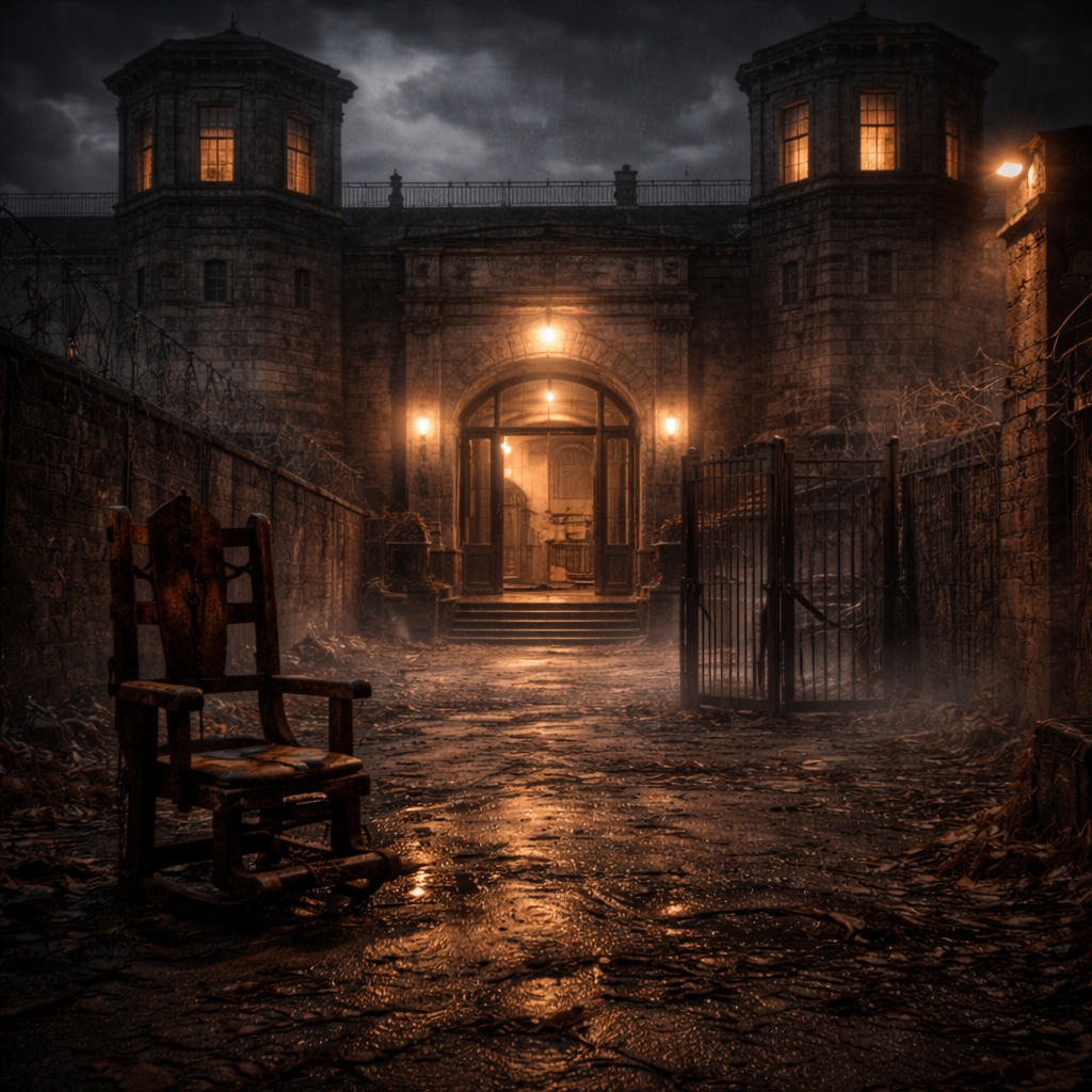 Abandoned prison under stormy skies