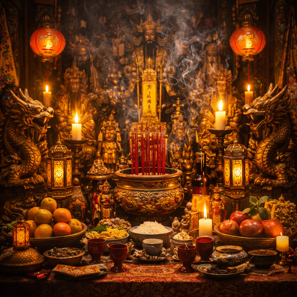 Taoist temple altar with offerings
