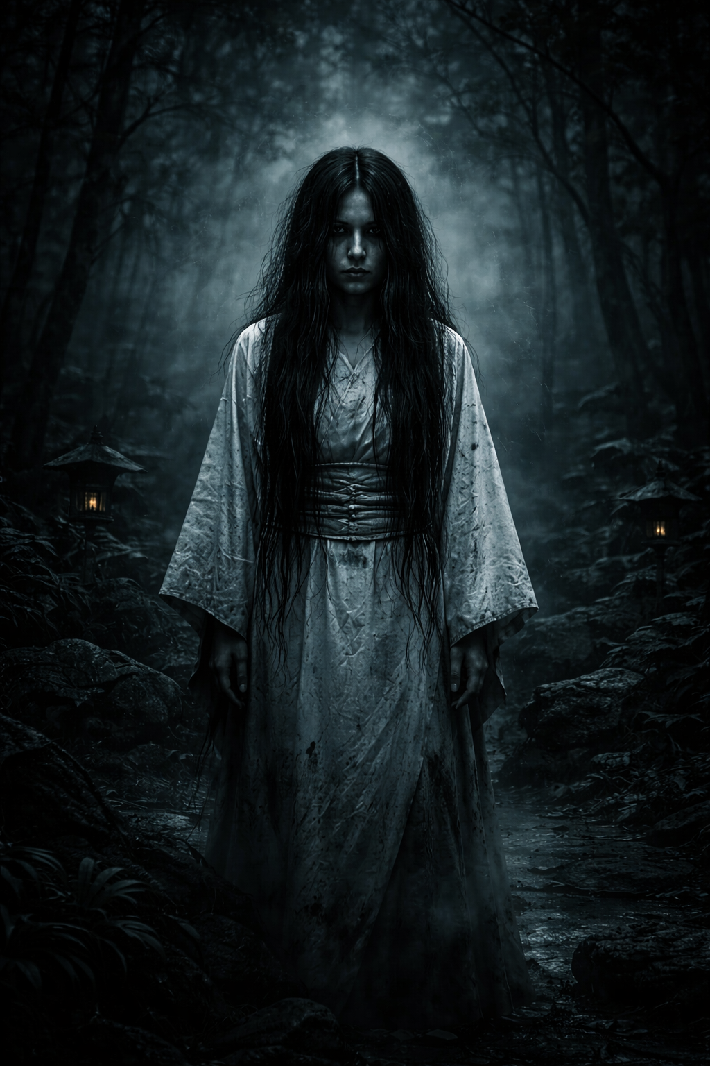 Ghostly woman in the misty forest