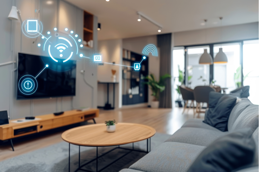 Living room with a large flat-screen TV and a coffee table with a small plant, featuring digital icons of a Wi-Fi signal, smartphone, and alert symbols overlaying the scene.